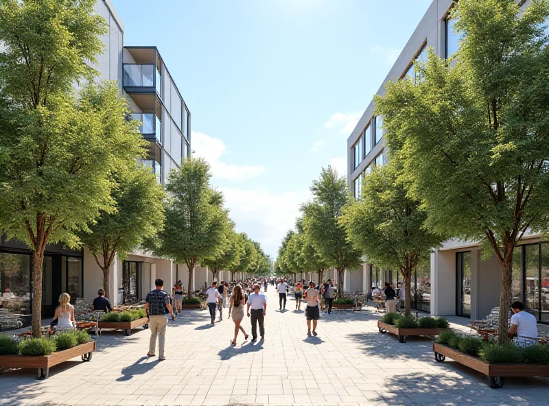 Concept art of a revitalized town center with modern architecture and landscaping