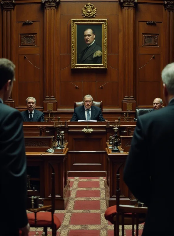 A courtroom scene with lawyers, judges, and defendants, conveying the atmosphere of a spy trial