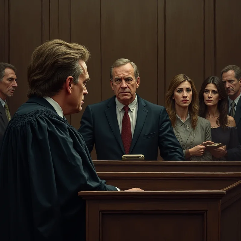 A courtroom scene illustration, depicting a stern-faced judge overseeing the proceedings of a criminal trial. A distraught family of victims is visible in the background, while the accused stands in the defendant's box, looking dejected. The overall tone is somber and serious, highlighting the gravity of the legal process.