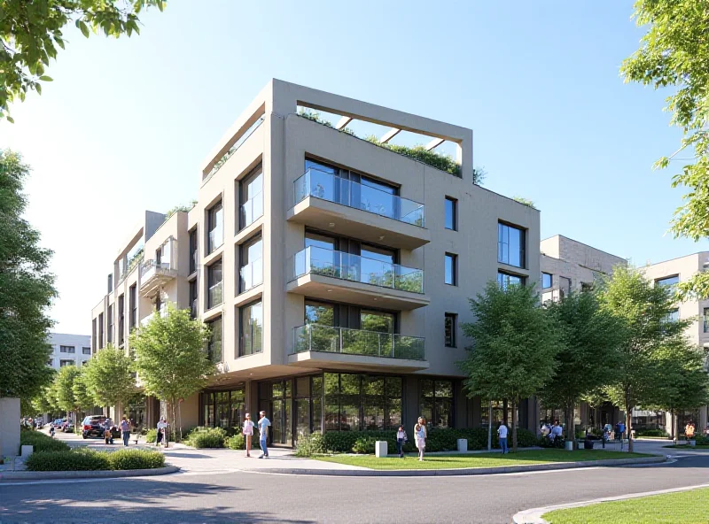 Architectural rendering of a modern residential building in a city center.