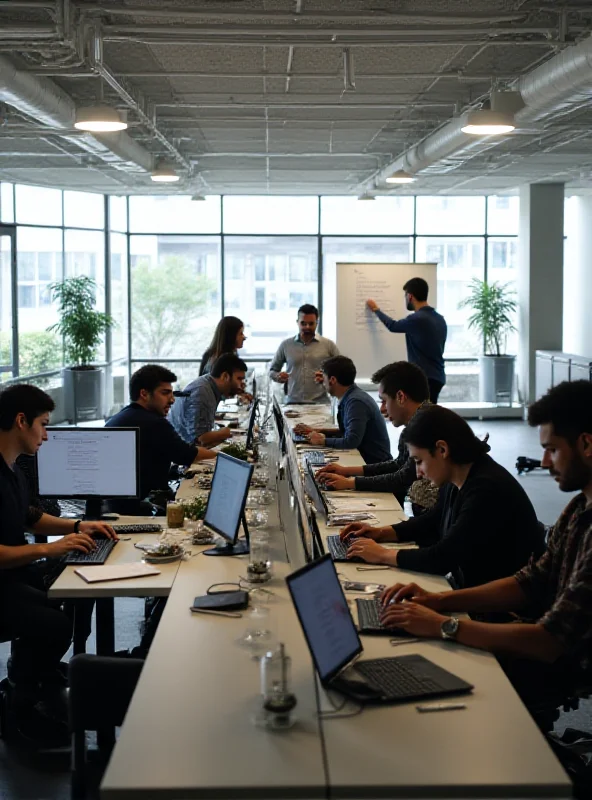 A modern office space with employees collaborating on computers and whiteboards.