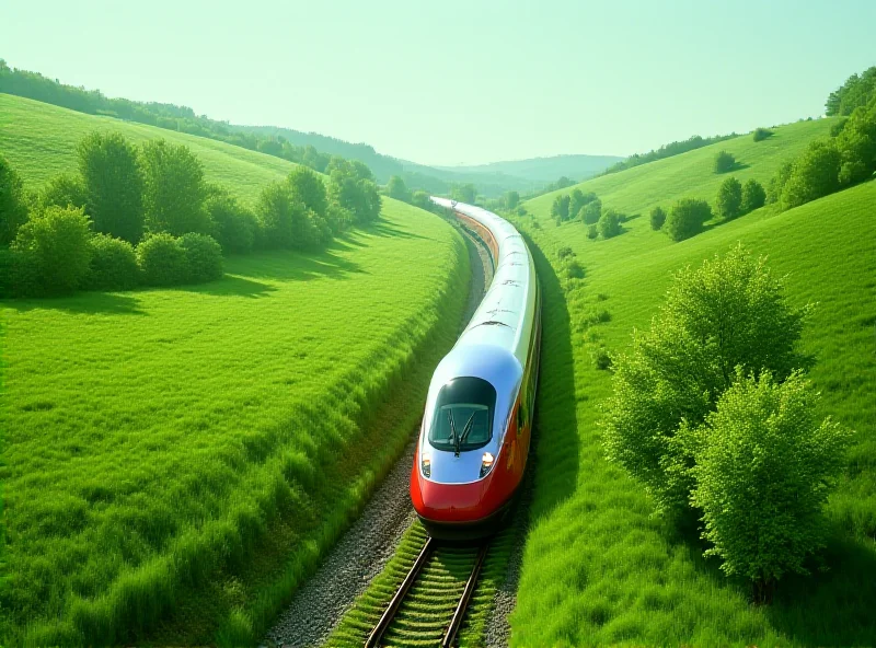 A high-speed train moving through a green countryside landscape.