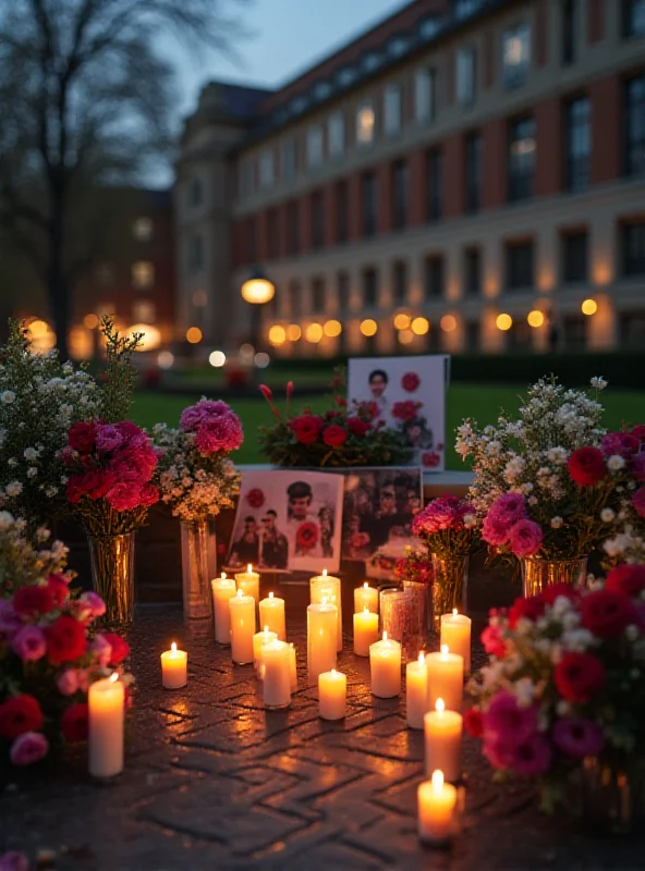 A somber memorial with flowers and candles for the victims of the Nottingham attack. A university building is visible in the background, blurred.