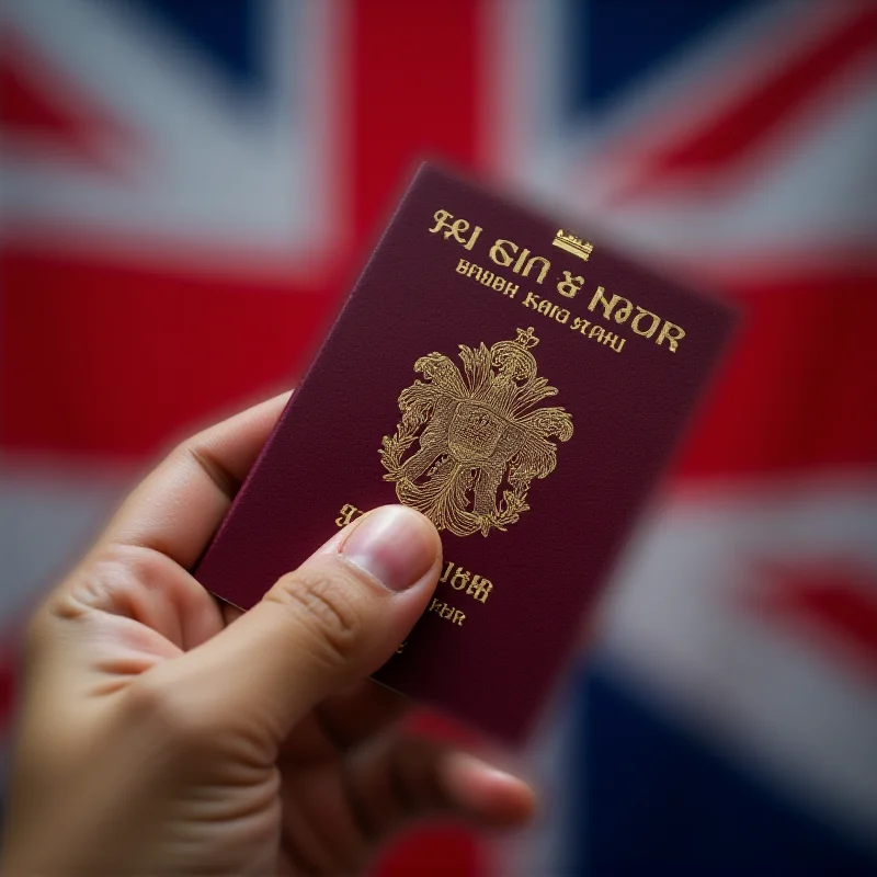 A Hong Kong BN(O) passport being held in a hand, with the Union Jack flag blurred in the background. The passport is open, showing the holder's information page.