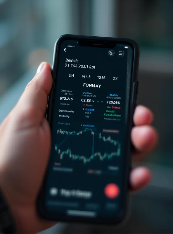 Close-up of a hand holding a smartphone displaying a stock market app with fluctuating stock prices.