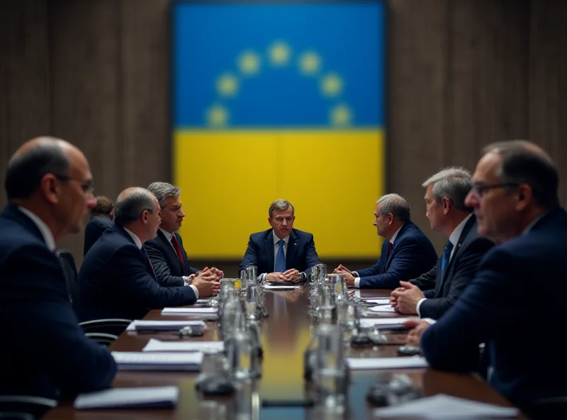 European leaders meeting around a table with the Ukrainian flag visible in the background.