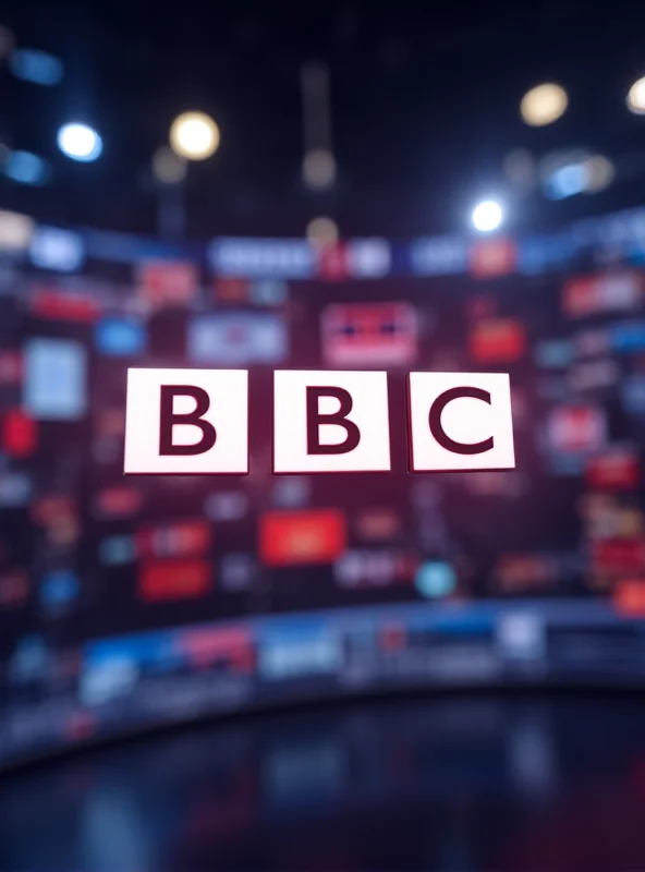 The BBC logo against a blurred background of news tickers and studio lights.