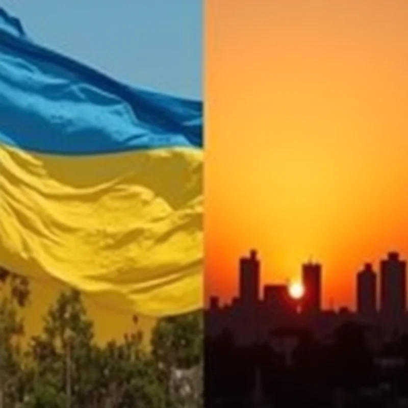 A split image showing the Ukrainian flag on one side and the Gaza skyline on the other, representing the two main topics of the article.