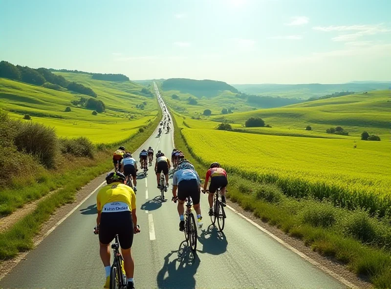 A cyclist wearing the yellow jersey leads a pack of cyclists during the Tour de France, with a scenic countryside backdrop.