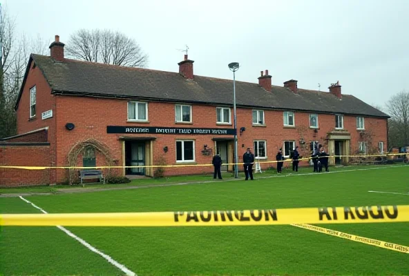 Exterior view of a rugby club on a cloudy day, with a green field and brick building visible. Police tape is visible, cordoning off a section of the field.