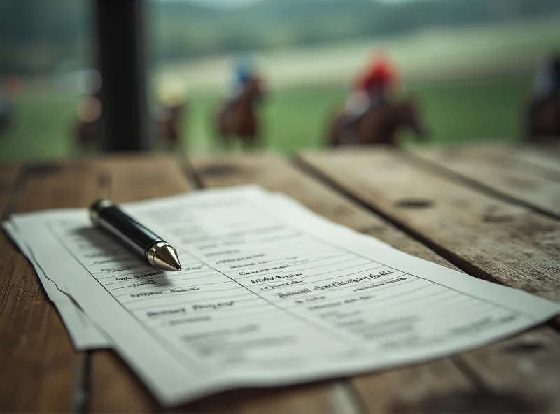 Close-up shot of betting slips and a pen on a wooden surface, with horse racing imagery in the background.