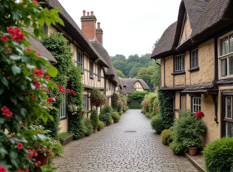 A charming village street with timbered buildings and a quaint pub in the distance.