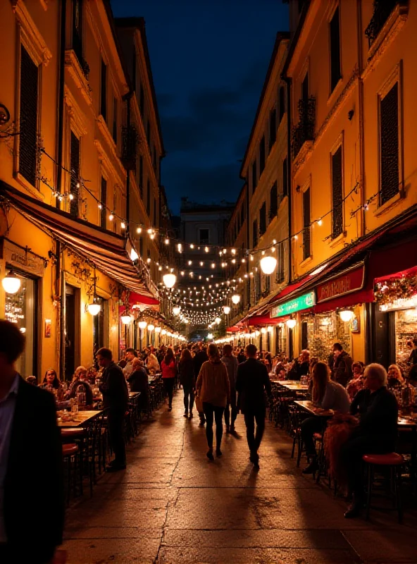 A vibrant street scene at night in a European city, with people enjoying outdoor cafes and bars.