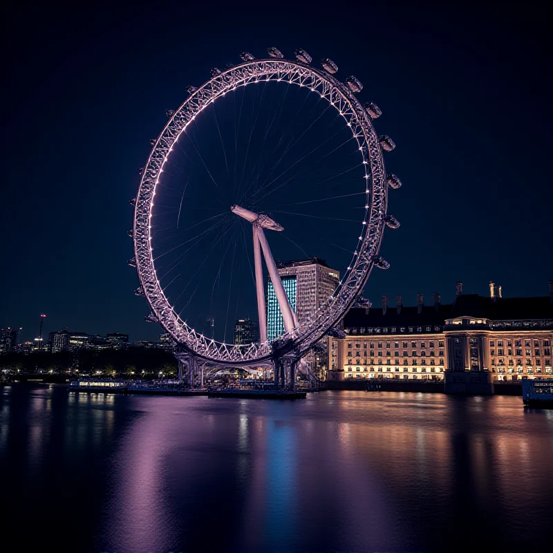 The London Eye at night, illuminated against the dark sky, with the River Thames reflecting the lights.