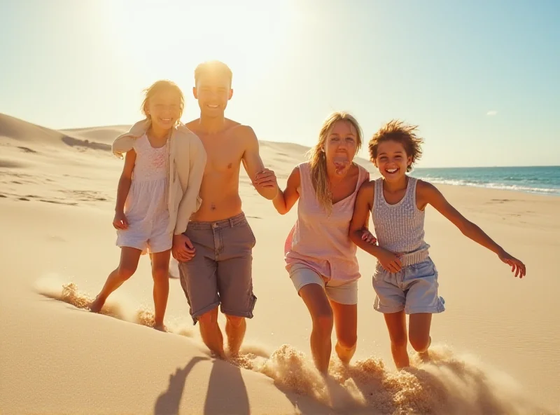 A family laughing together on a beach in the UK.