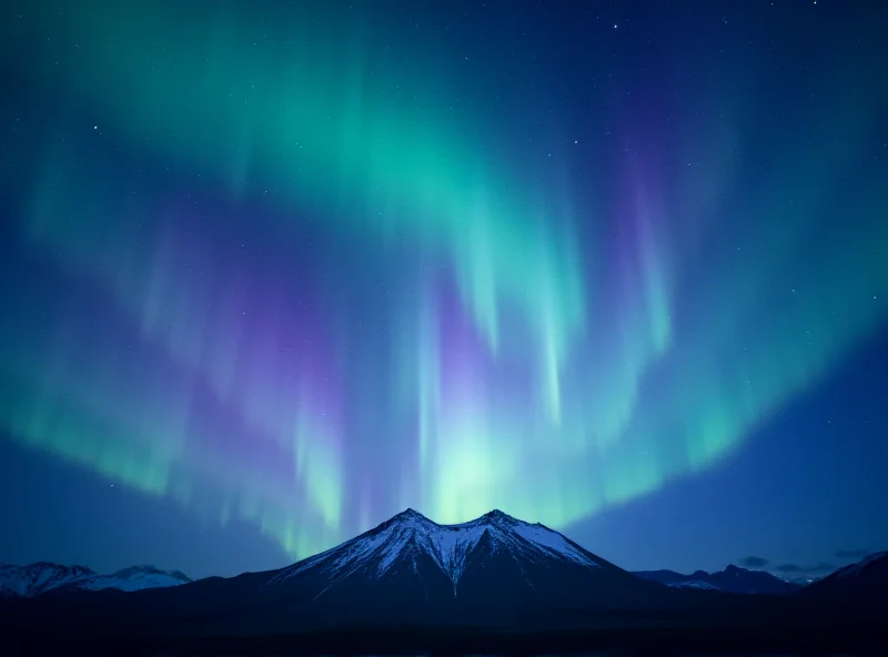 A stunning photograph of the Northern Lights (Aurora Borealis) with vibrant green and purple hues dancing across the night sky.