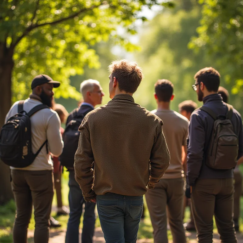 A diverse group of people standing in a park, looking thoughtful and contemplative, representing different beliefs and backgrounds.