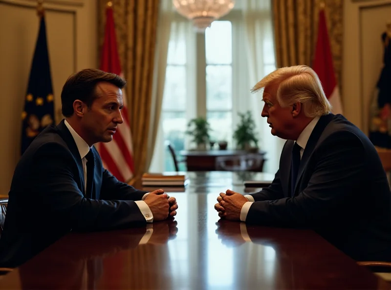 Emmanuel Macron and Donald Trump in a formal meeting setting, looking serious.