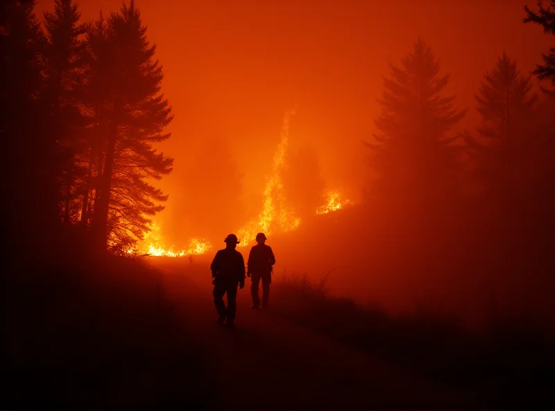 Firefighters battling a large wildfire in a forest, with smoke filling the air.