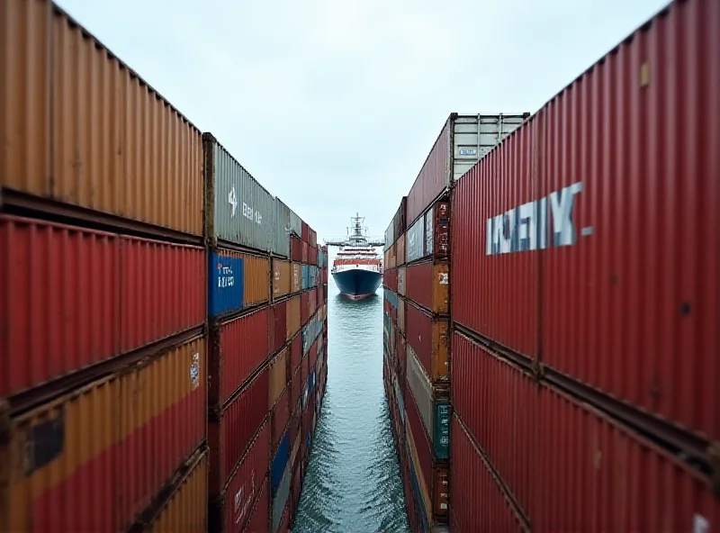 A stack of shipping containers at a port, symbolizing international trade.