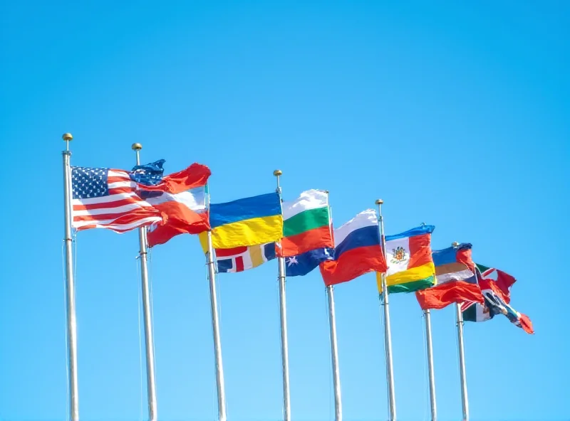 A group of diverse flags representing the nations potentially joining the Ukraine support coalition are flying in the wind against a blue sky.