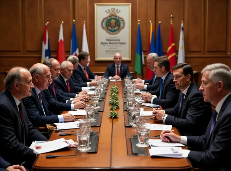 A high-angle shot of a conference room filled with delegates from various countries attending the OSCE border security summit, focused on discussions about border security measures.