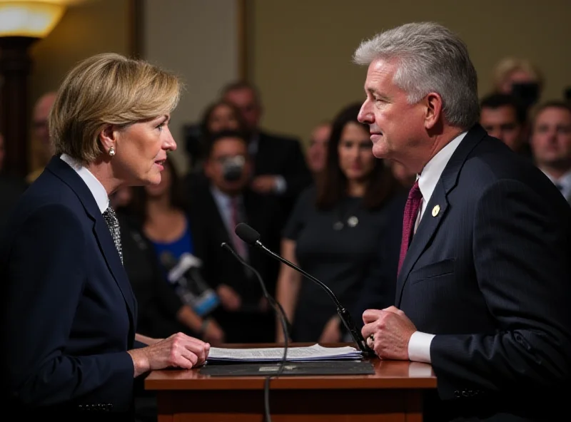 Discussion between two politicians at a press conference.