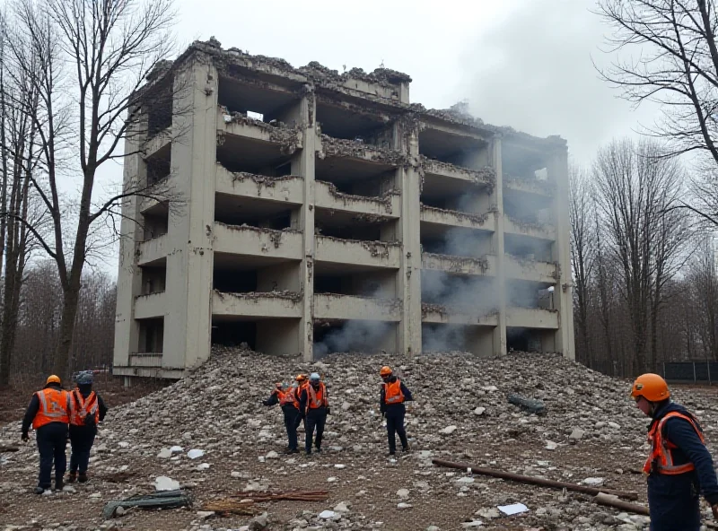 Exterior of a bombed-out hotel in Ukraine with rescue workers present.