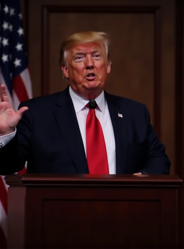 Donald Trump giving a speech at a podium with an American flag behind him.