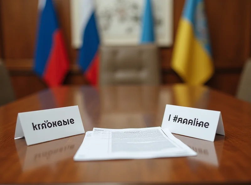 Negotiation table with flags of Russia and Ukraine in the background.