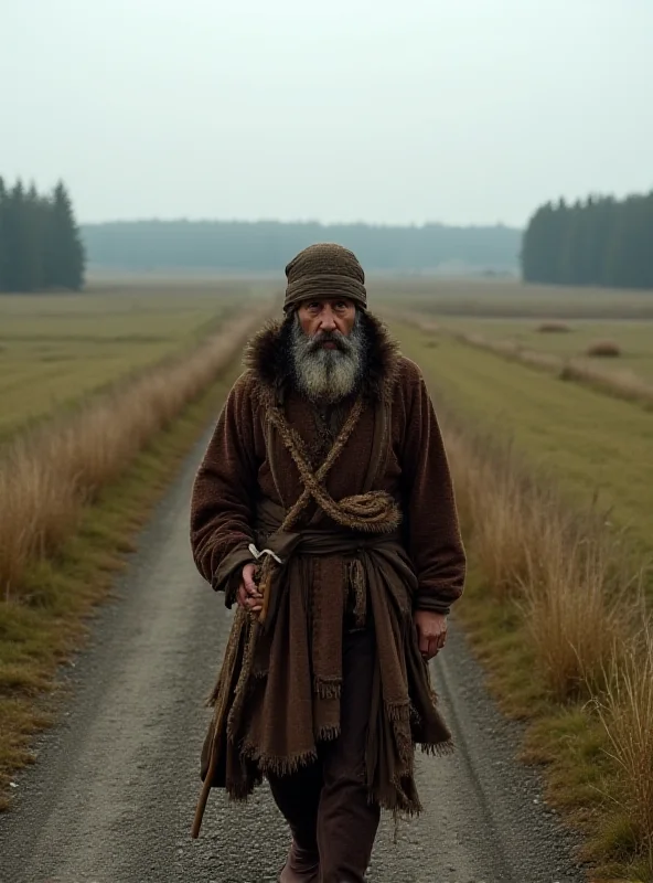 A man dressed as a shaman walking along a road in Russia.