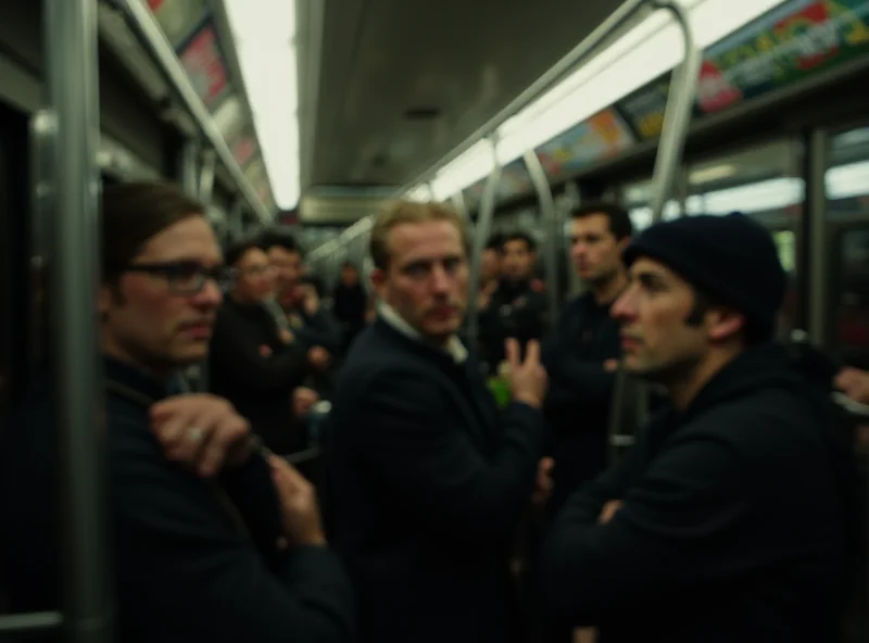 A crowded tram in Prague with people looking concerned.