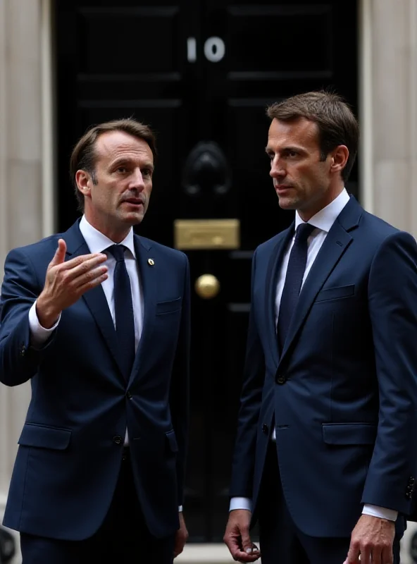 Emmanuel Macron and Rishi Sunak standing side-by-side during a press conference at Downing Street in London. Macron is gesturing with his hands while speaking, and Sunak is listening attentively. The backdrop is the iconic black door of 10 Downing Street. The overall tone is formal and diplomatic.