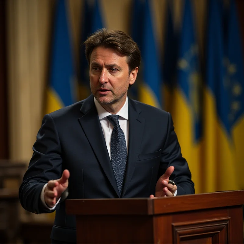 Volodymyr Zelenskyy giving a speech at a podium with the Ukrainian flag behind him. He is wearing a dark suit and speaking with a serious expression. The setting is a formal event with an audience visible in the background. The lighting is bright and professional, typical of a political address.