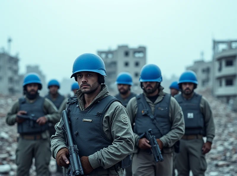 Peacekeepers in blue helmets standing in a war-torn landscape.