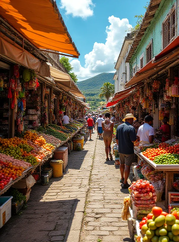 A bustling marketplace in Martinique, filled with colorful fruits, vegetables, and local products.