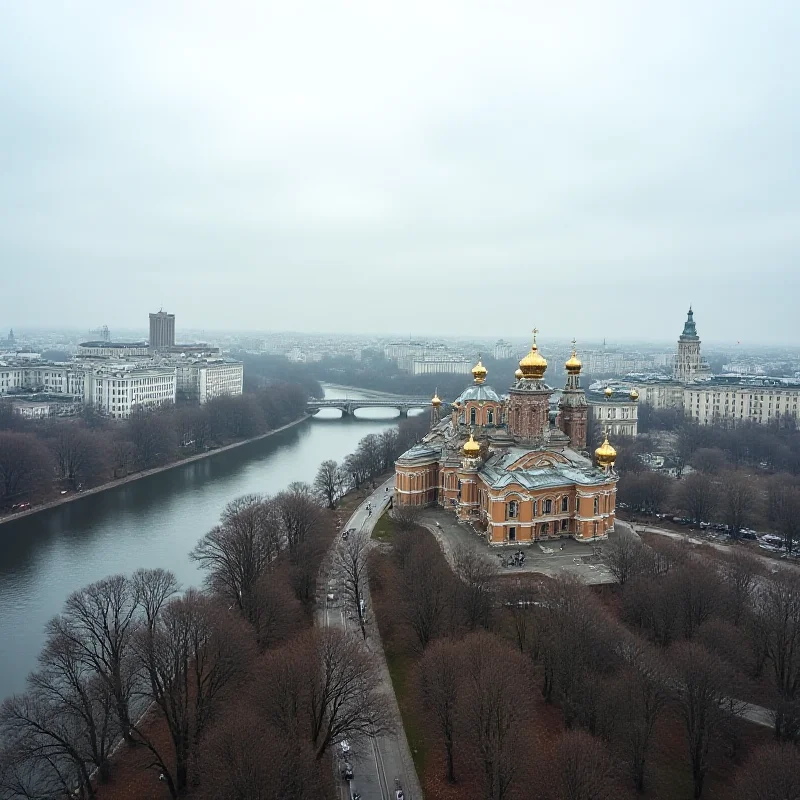 A panoramic view of Kiev, Ukraine, showcasing its historical architecture alongside modern buildings, with a sombre tone reflecting the ongoing conflict and historical complexities.