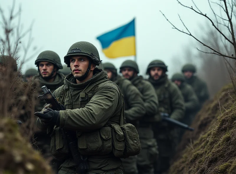 Ukrainian soldiers in trenches on the front line, determined and focused, with the Ukrainian flag visible in the background.