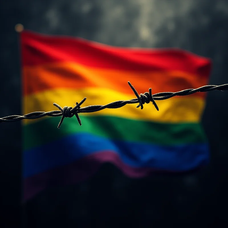 A rainbow flag with barbed wire wrapped around it, symbolizing the potential conflict between LGBTQ+ rights and government restrictions, inspired by the Hungarian Pride parade situation.