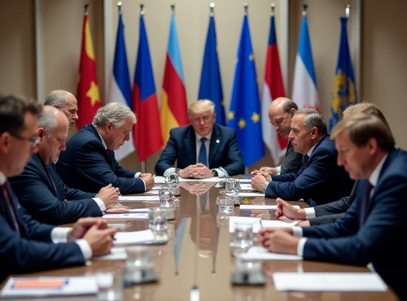 A group of European leaders sitting around a large conference table, deep in discussion, with flags of various European nations in the background.