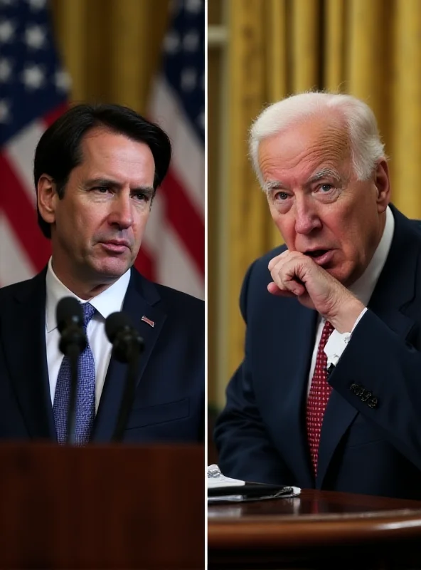 A split image. On the left, a serious-looking Marco Rubio giving a speech at a podium with the American flag behind him. On the right, Joe Biden sitting at his desk in the Oval Office, looking thoughtful.