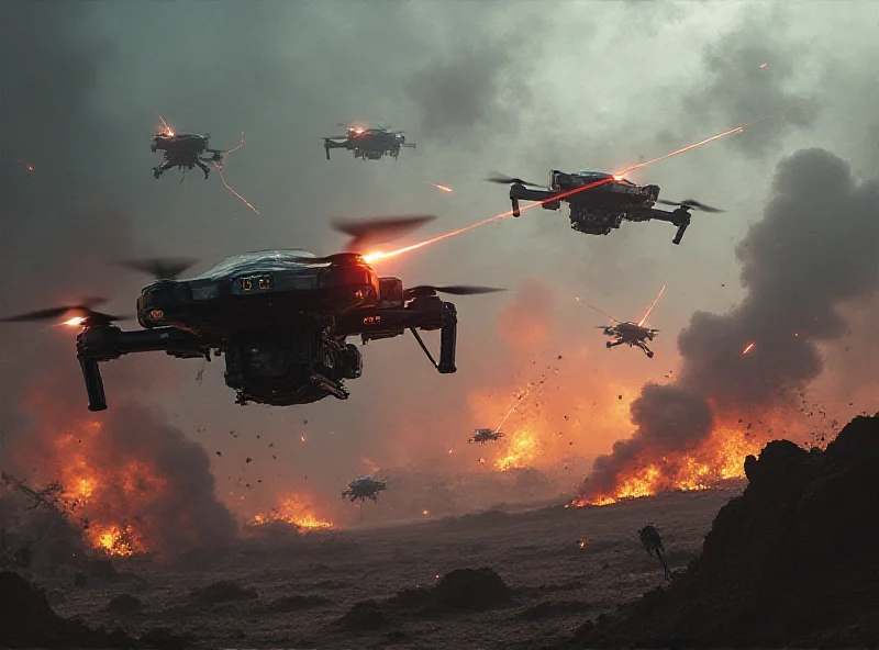 Concept art of futuristic drone combat scene with lasers and AI elements.