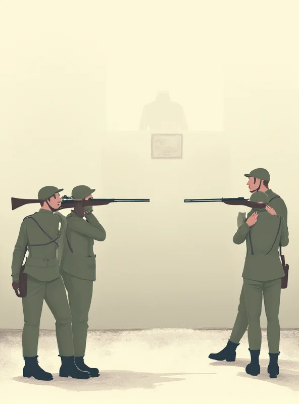 Illustration depicting a firing squad execution with soldiers aiming at a target in a stark, minimalist style.