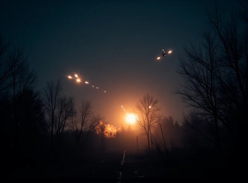 A nighttime scene showing Ukrainian air defenses engaging incoming drones, with explosions in the sky and searchlights scanning the area.