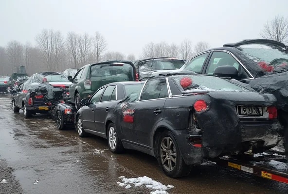 A convoy of civilian vehicles, some with visible damage, being loaded onto a flatbed truck in Latvia, ready to be transported to Ukraine. The vehicles are a mix of sedans and SUVs.