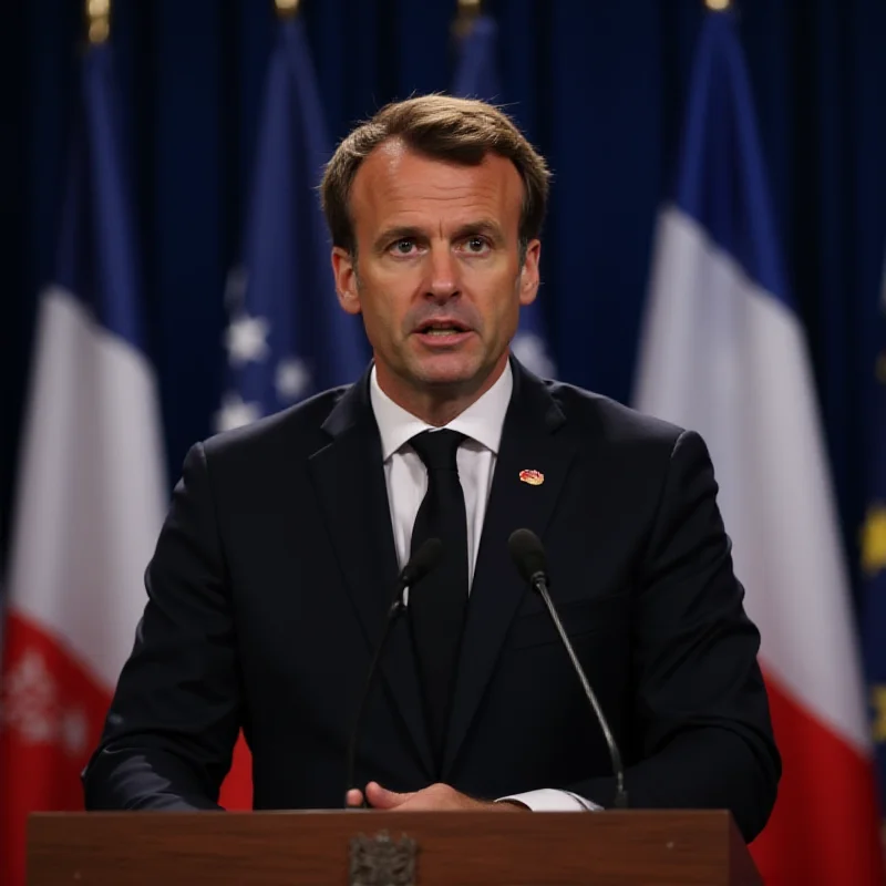 Emmanuel Macron standing at a podium during a press conference, with the French flag in the background. He is speaking with a serious expression, conveying the gravity of the situation.