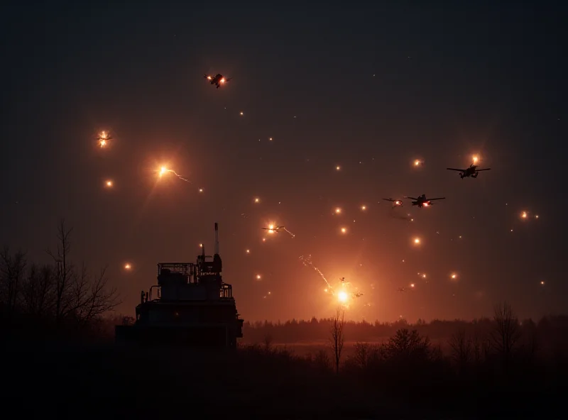 Image of Ukrainian air defense system intercepting drones at night, with explosions in the sky.