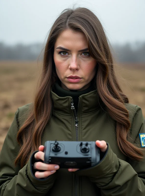 Lieutenant Julija Mykytenko in military uniform, holding a drone controller.