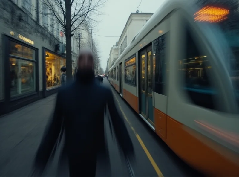 A Prague tram, with a blurry figure exiting, symbolizing the incident.