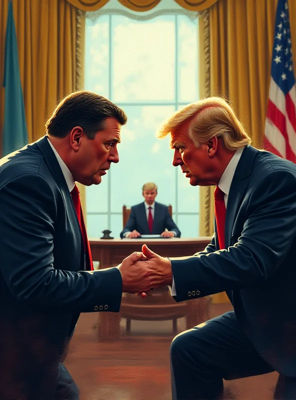 Illustration of a tense meeting between Zelensky and Trump at the White House